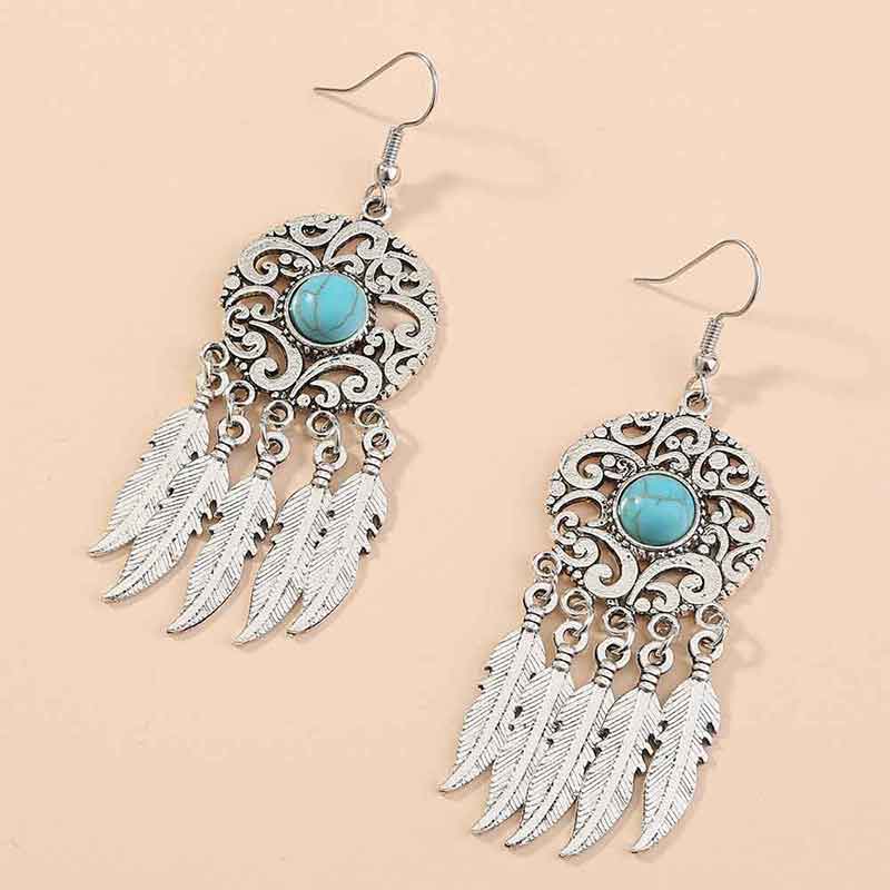 Aretes vintage atrapasueños con grabado de plumas y turquesa para mujer