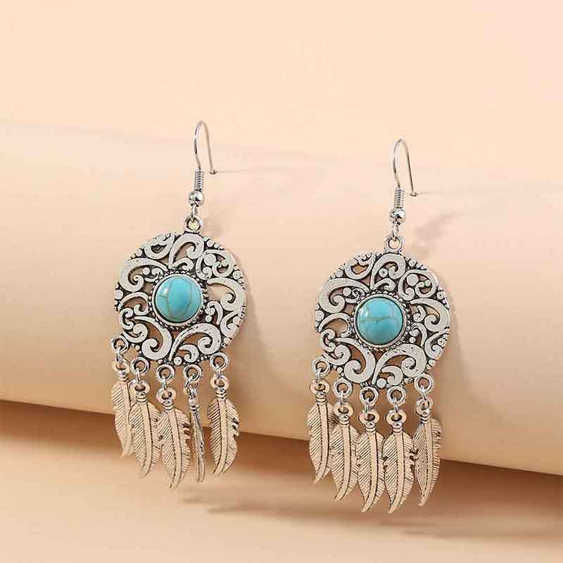 Aretes vintage atrapasueños con grabado de plumas y turquesa para mujer