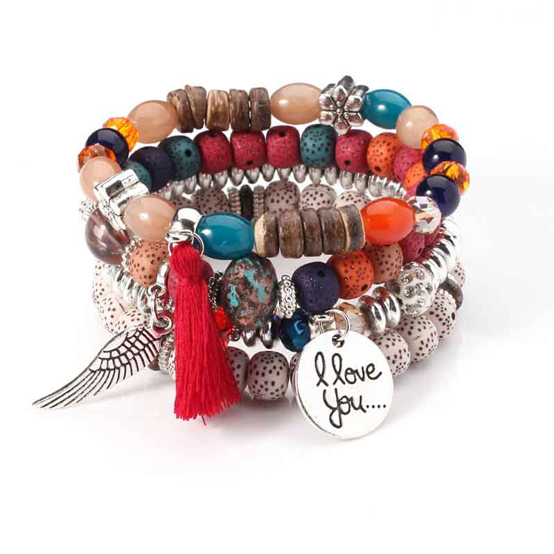 Pulsera multicapas, brazalete con perlas y borlas - Imagen 3