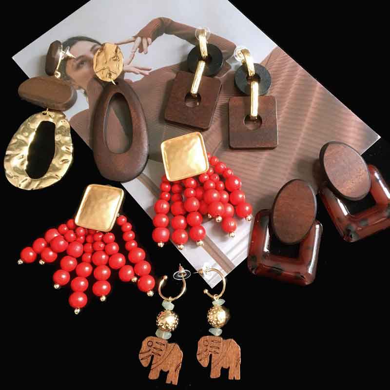 Pendientes de madera Vintage para mujer aretes grandes