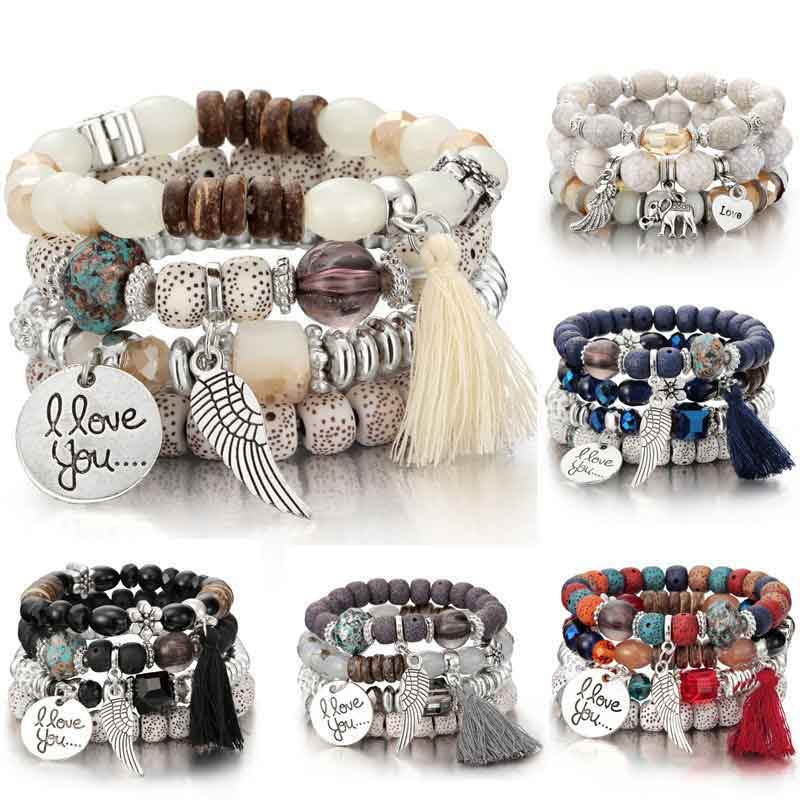 Pulsera multicapas, brazalete con perlas y borlas