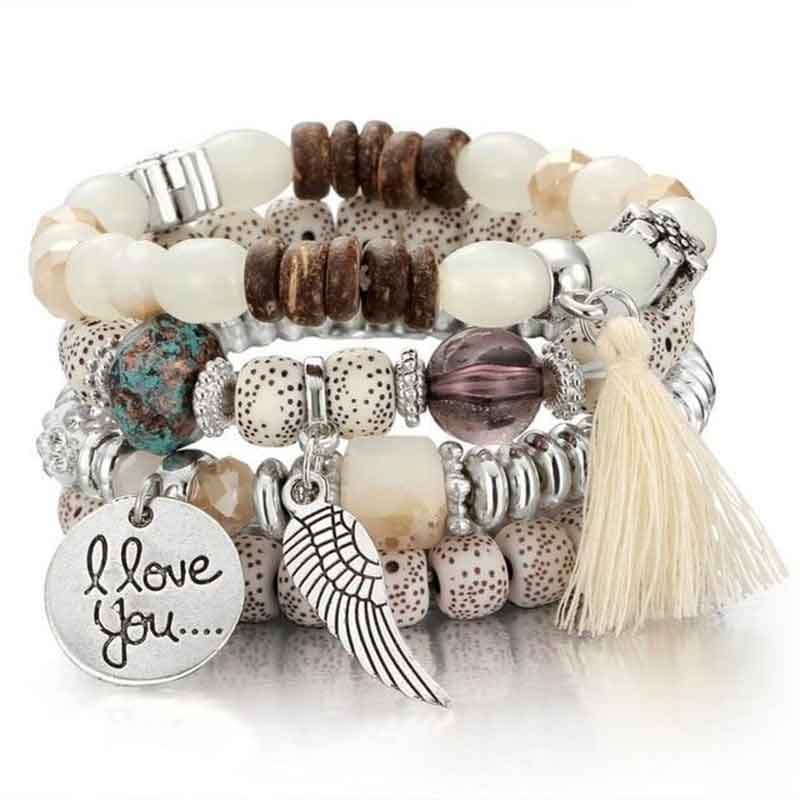 Pulsera multicapas, brazalete con perlas y borlas - Imagen 6