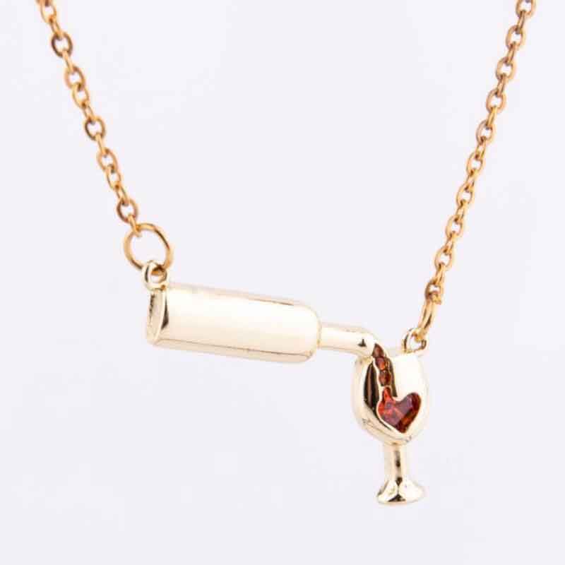 Collar con colgante de copa de botella de vino para mujeres, collar de cadena de saludos de amor, collar de corazón de esmalte rojo - Imagen 4