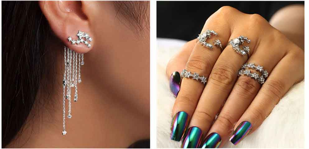 Conjuntos de anillos ajustables y Aretes de borla de estrella brillante de plata - Imagen 2
