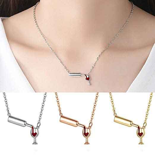 Collar con colgante de copa de botella de vino para mujeres, collar de cadena de saludos de amor, collar de corazón de esmalte rojo
