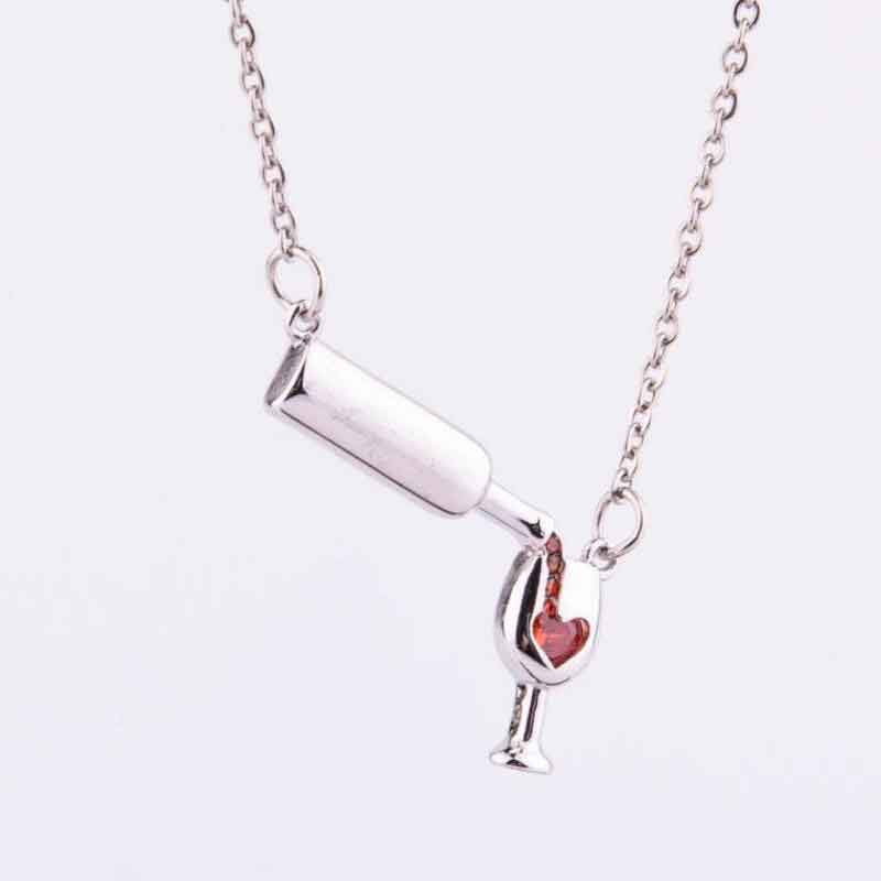 Collar con colgante de copa de botella de vino para mujeres, collar de cadena de saludos de amor, collar de corazón de esmalte rojo - Imagen 2
