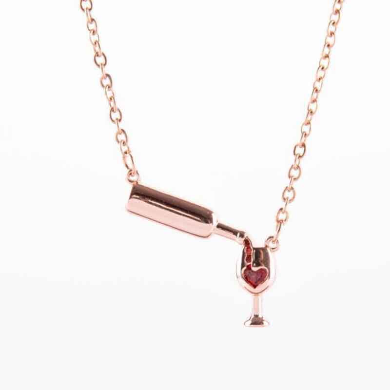Collar con colgante de copa de botella de vino para mujeres, collar de cadena de saludos de amor, collar de corazón de esmalte rojo - Imagen 3