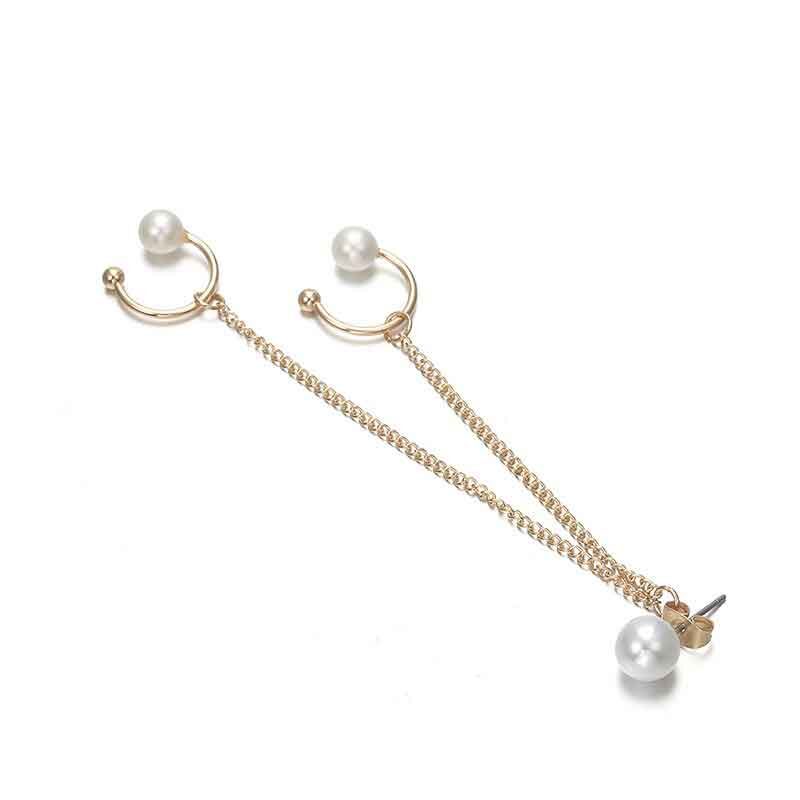 Pendientes largos de perlas con clip para oreja