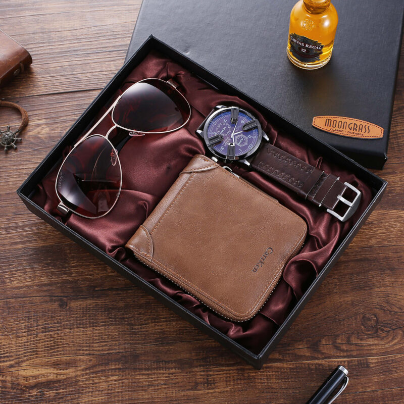 Conjunto de monedero, gafas y reloj de cuarzo