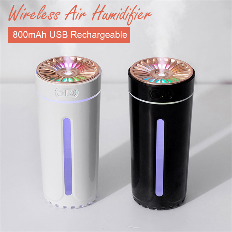 Humidificador de aire inalámbrico, luces coloridas, silencioso, ultrasónico, difusor de niebla USB, purificador, 800mAh, recargable, generador de niebla fría para coche