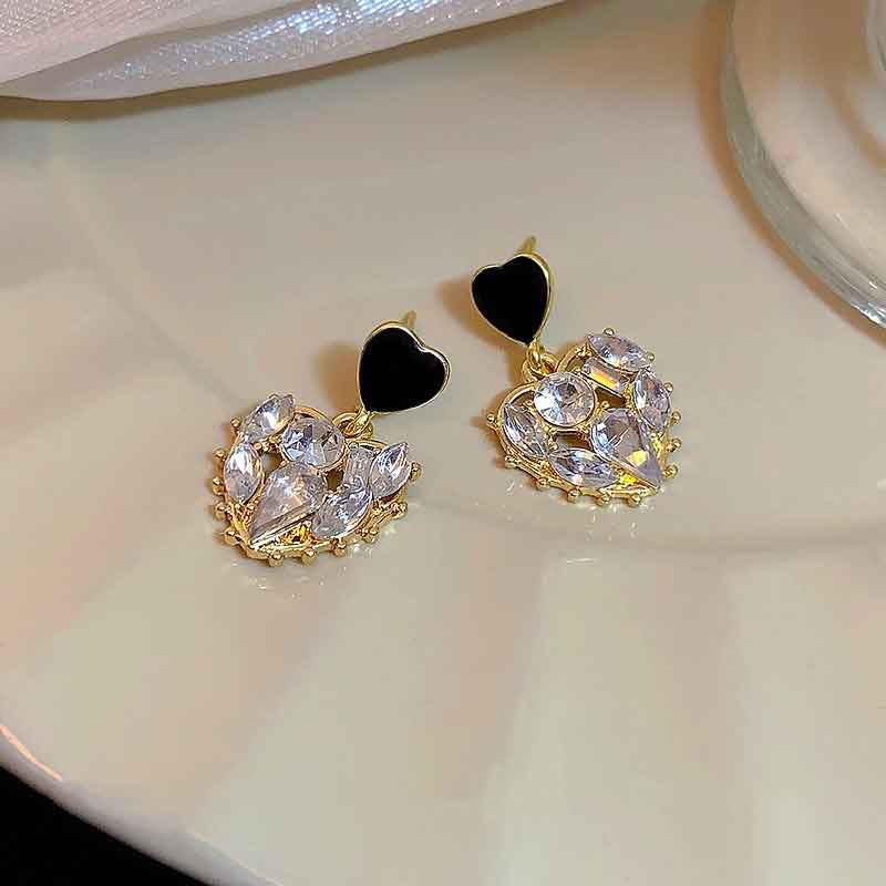 Pendientes de botón con forma de corazón y aguja de plata - Imagen 4